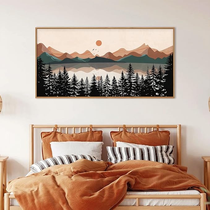 KAIRNE Vintage Mountain Lake Framed Canvas Wall Art Set, Mid Century Forest Wall Decor, Nature Pine Tree Art Prints, Modern Boho Sunset Artwork for Living Room,Bedroom,Farmhouse,Office-40 x20 x1
