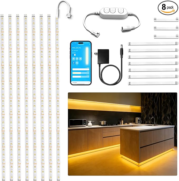 DAYBETTER Under Cabinet Lighting kit,8 PCS Under Cabinet Lights,Dimmable LED Strip Lights for APP Control,LED Lights for Kitchen Cabinet,Counter Shelf 2700K-6500K Warm to Daylight White,Timing,13.2ft
