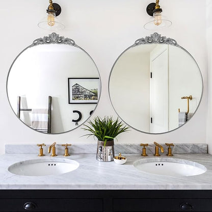 30'' Antique Silver Round Wall Mirror with Metal Flower Carving Frame, Small Vintage Retro Baroque Mirror Ornate, Vanity Mirror for Bathroom, Fireplace,Entryway, Living Room