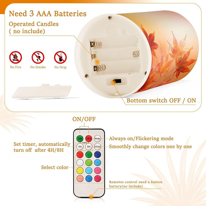 Thanksgiving Decorations Lights Flameless Candles Thanksgiving Autumn Leaves Golden Maple Leaves Pillar Candles Set of 2 Battery Operated Remote Control Warm Lights