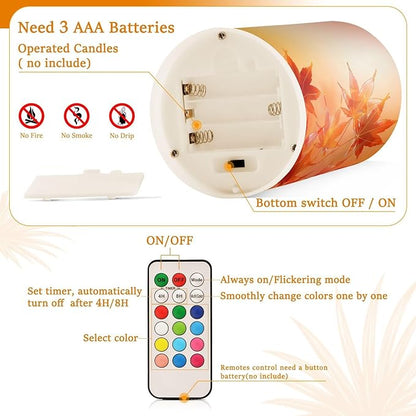 Thanksgiving Decorations Lights Flameless Candles Thanksgiving Autumn Leaves Golden Maple Leaves Pillar Candles Set of 2 Battery Operated Remote Control Warm Lights