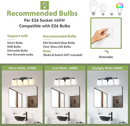 Honesorn 4-Light Vanity Lights, Matte Black with Frosted Shade & Nickel Finish, Modern Bathroom Over Mirror Lighting