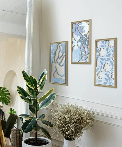 Putuo Decor Boho Floral Wall Art, Minimalist Blue Flower Botanical Wooden Wall Decor with Women Figure Patterns, Modern Aesthetic Print Art for Bedroom Bathroom Living Room Office Set of 3
