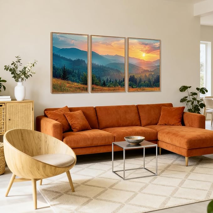 Aurlan Boho Mountain Sunset Landscape Framed Wall Art(24"x36"), 3PCS Green Blue Ridge Grand Teton National Park Canvas Artwork, Abstract Modern Watercolor Nature Forest Scenery Decor for Home Office Bedroom