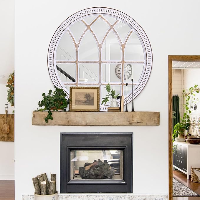HOITUZYUS 30 Inch Round Farmhouse Window Pane Mirror, Distressed Wood Framed Decorative Wall Mirror for Living Room, Entryway, Above Fireplace