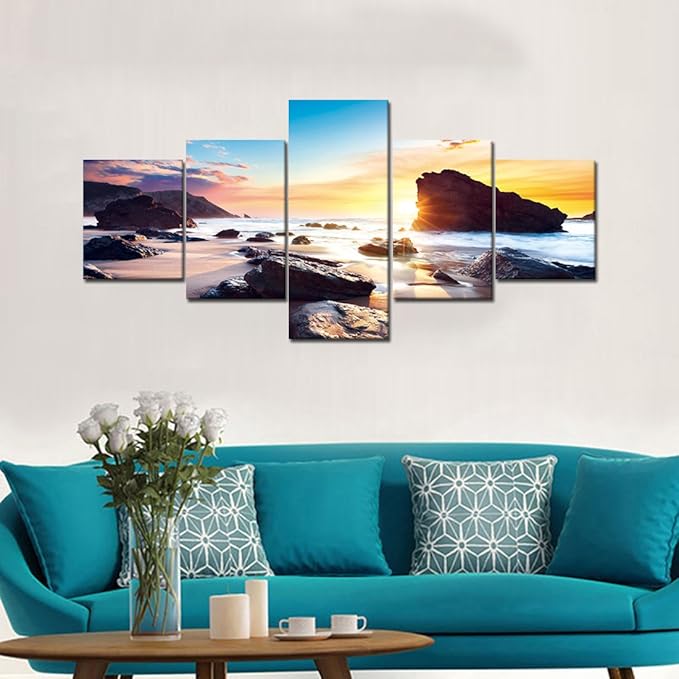 Sunset Beach Rocks Landscape Picture Modern Painting on Canvas 5 Panels Set Framed Wall Art for Living Room Bedroom Kitchen Home Decor Stretched Gallery Canvas Wrap Giclee Print (50''W x 24''H)