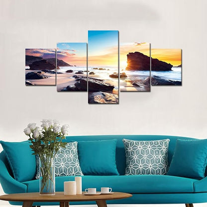Sunset Beach Rocks Landscape Picture Modern Painting on Canvas 5 Panels Set Framed Wall Art for Living Room Bedroom Kitchen Home Decor Stretched Gallery Canvas Wrap Giclee Print (50''W x 24''H)