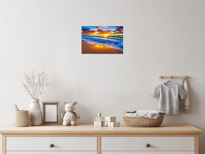 TutuBeer 1 Panel Beach Pictures Blue Sea White Beach at Sunrise Picture Print on Canvas Ocean Pictures Wall Decor Ocean Canvas Art Seascape Wall Art Stretched and Framed 12x18 inch