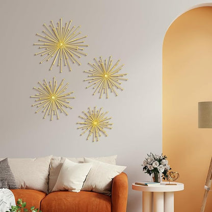 Shimeyao 4 Pcs Metal Starburst Wall Decor Gold Metal Wall Art 3D Spike with Orb Finish Star Burst Hangings Accents Sculptures Set Modern Mid-Century Decorations for Living Room Bedroom Entryway
