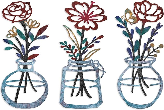 ARTINME 3 Pieces Metal Flowers Wall Arts - Rustic Farmhouse Decor Minimalist Flower Wall Decors for Living Room Bathroom Kitchen Bedroom Dining Room - Housewarming Gifts (Blue)