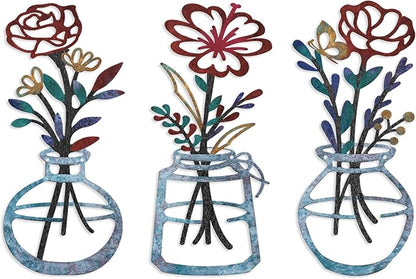ARTINME 3 Pieces Metal Flowers Wall Arts - Rustic Farmhouse Decor Minimalist Flower Wall Decors for Living Room Bathroom Kitchen Bedroom Dining Room - Housewarming Gifts (Blue)