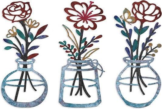 ARTINME 3 Pieces Metal Flowers Wall Arts - Rustic Farmhouse Decor Minimalist Flower Wall Decors for Living Room Bathroom Kitchen Bedroom Dining Room - Housewarming Gifts (Blue)