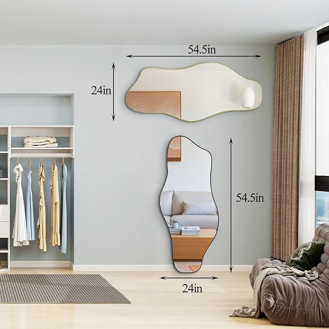 Irregular Wall Mirror, 54.5"x24" Asymmetrical Tempered Glass Mirror, Large Organic Shape Frameless Mirrors for Living Room Bedroom Hallway Entryway, Horizontal or Vertical Hanging