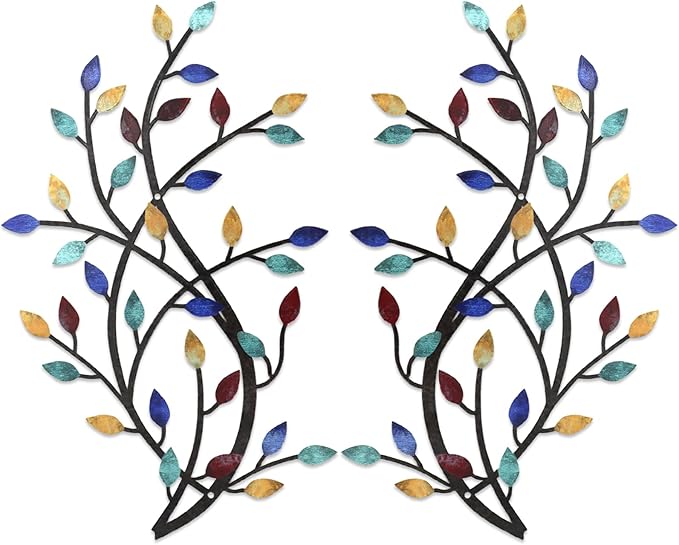 Meltset Metal Tree Leaf Wall Decor, Vine Olive Leaf Branch Wall Art, Wrought Iron Scroll Artwork, Decorative Wall Sculptures Above The Bed, Living Room, Hallway, Indoor and Outdoor（S/Blue）