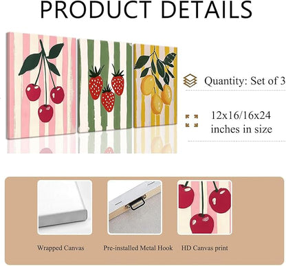 LHHJDIO 3 Piece Trendy Fruit Canvas Wall Art Vintage Kitchen Wall Art Colorful Cherry Strawberry Lemon Pictures Wall Decor Fruit Abstract Art Print for Kitchen Dining Room Bedroom 16"x24"