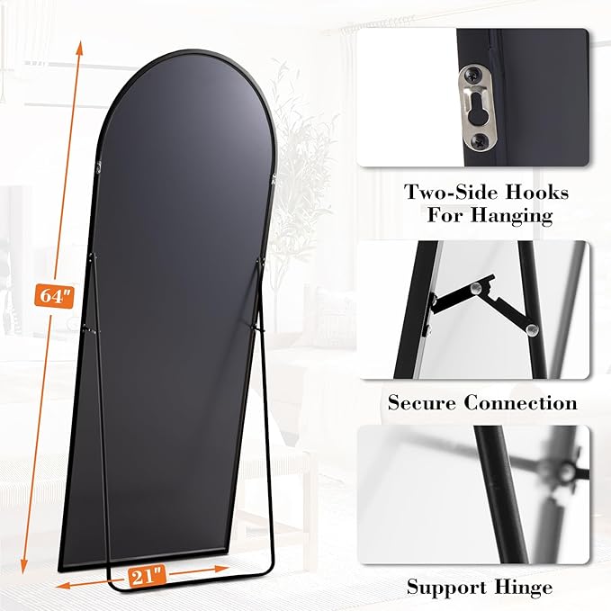 Sweetcrispy 64"x21" Arched Full Length Mirror, Full Body Mirror with Aluminum Alloy Thin Frame, Leaning or Standing, Suitable for Bedroom, Livingroom, Cloakroom, Black