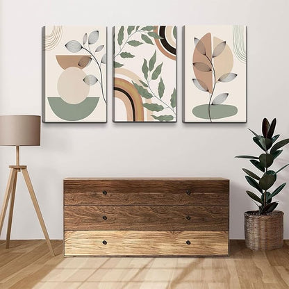 3 pcs Framed Boho Canvas Wall Art Green Sage Botanical Painting Wall Decor Pictures Mid Century Modern Minimalist poster print for Living Room Bedroom Bathroom Home Decoration