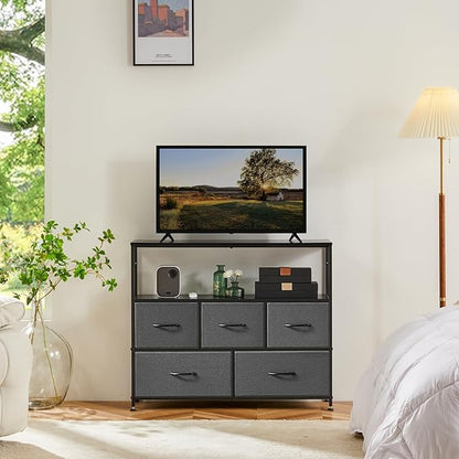 DUMOS TV Stand, Dresser with 5 Fabric Storage Drawers, Media Console Featuring Open Shelf for TV, Compact Entertainment Unit for Bedroom, Living Space, or Dorm Organization, Grey