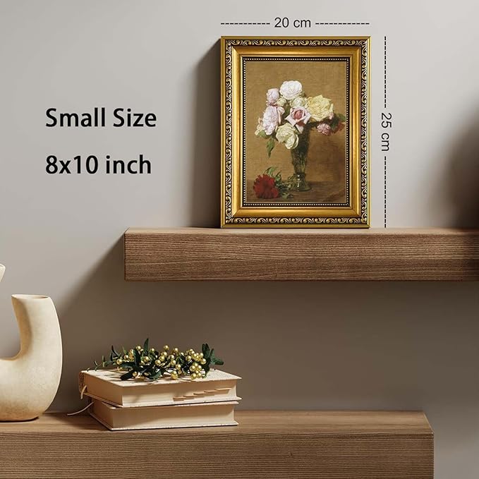 YD&YZY Gold Framed Vintage Wall Art Canvas Henri Fantin Latour Roses Floral Retro Farmhouse Wall Decor Rustic Cottagecor Painting Picture Print for Dining Room Bedroom 8x10 inch Small Framed