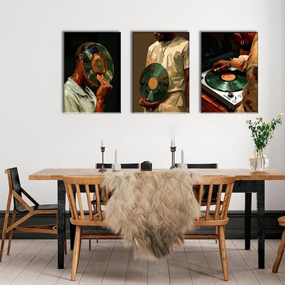 AOYUSMO 3 Piece African American Wall Art Black Men Wall Decor Fashion Music Pictures Record Canvas Art Music Studio Paintings Modern Trendy Artwork For Living Room Bedroom 12"x16"