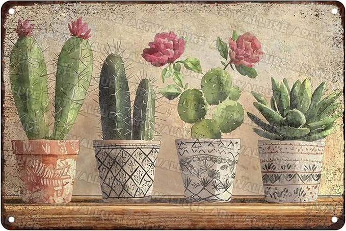 Four basins Cactus Metal tin Sign Watercolor Cactus Tin Sign Green Plant Wall Decor for Home Living Room Kitchen Garden Bedroom Office Hotel Cafe And Pub Decoration 8x12inch