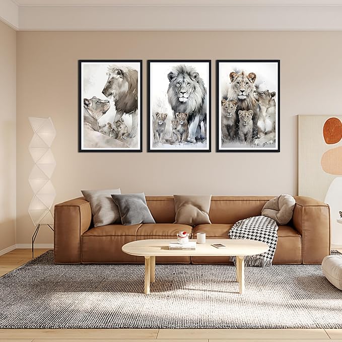 Wildlife Themed Framed Canvas Wall Art Set of 3 Lion Family Portrait Wall Decor for Country Apartment Living Room Bedroom Modern African Animal Artwork Decoration Easy to Hand 24x36inchx3pcs