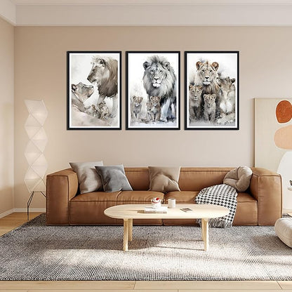 Wildlife Themed Framed Canvas Wall Art Set of 3 Lion Family Portrait Wall Decor for Country Apartment Living Room Bedroom Modern African Animal Artwork Decoration Easy to Hand 24x36inchx3pcs