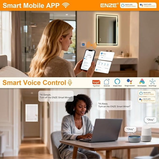 ENZE 20" x 28" Smart LED Bathroom Mirror with Lights, WiFi & Alexa Voice Control, Anti-Fog Wall-Mounted Vanity Mirror, Dimmable 3-Color, Plug-in/Hardwired, Horizontal/Vertical