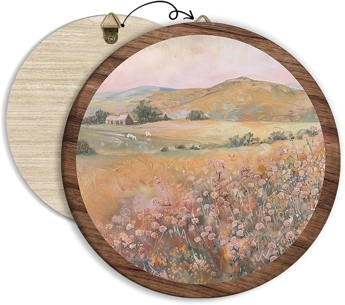 Vintage Spring Floral Field Landscape Hanging Wall Art, Meadow Flowers Vintage Round Wooden Wall Decor, Flower Field Scene Western Boho Decorations for Home Living Room Bedroom Bathroom Office, 18