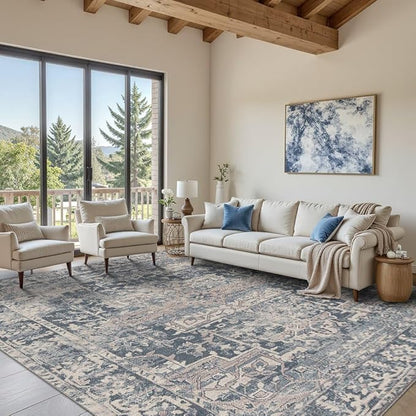 Rugxara 8x10 Area Rugs for Living Room Bedroom, Large Washable Rug, Blue Vintage Retro Boho Rug, Non Slip & Low Pile Faux Wool Thin Carpet for Indoor Dining Room and Kids Room(Blue 8x10ft)
