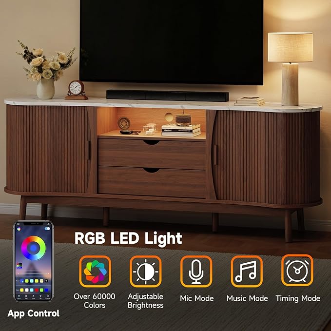 ONBRILL 70 Inch Fluted TV Stand for TVs up to 80 Inch, Curved Entertainment Center with LED Light, Power Outlet, Storage, Mid Century Modern Media TV Console Table for Living Room, Bedroom, Walnut