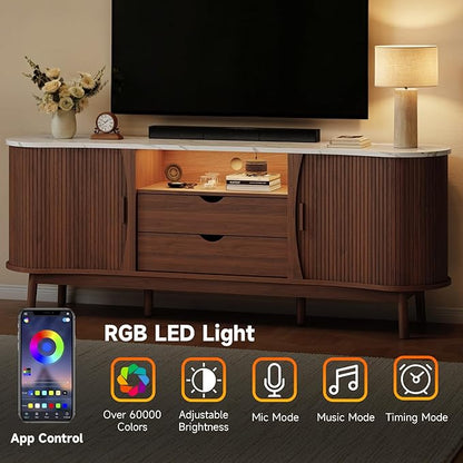 ONBRILL 70 Inch Fluted TV Stand for TVs up to 80 Inch, Curved Entertainment Center with LED Light, Power Outlet, Storage, Mid Century Modern Media TV Console Table for Living Room, Bedroom, Walnut