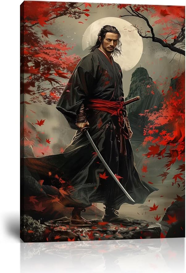 Japanese Samurai Wall Art Black and Red Warrior Wall Decor Warrior Figure Pictures Bushido Posters Canvas Prints Artwork Framed for Living Room Bathroom Bedroom Office (18''W x 24''H)