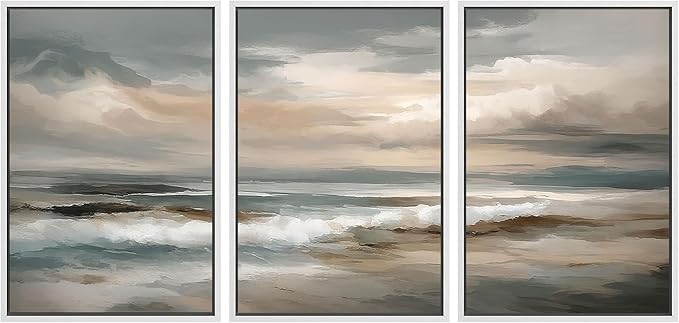 SIGNLEADER Framed Canvas Print Wall Art Set Coastal Ocean Waves Neutral Seascape Abstract Illustrations Modern Art Boho Decorative for Living Room, Bedroom, Office - 24"x36"x3 WHITE