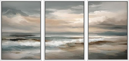 SIGNLEADER Framed Canvas Print Wall Art Set Coastal Ocean Waves Neutral Seascape Abstract Illustrations Modern Art Boho Decorative for Living Room, Bedroom, Office - 24"x36"x3 WHITE
