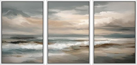 SIGNLEADER Framed Canvas Print Wall Art Set Coastal Ocean Waves Neutral Seascape Abstract Illustrations Modern Art Boho Decorative for Living Room, Bedroom, Office - 16"x24"x3 WHITE