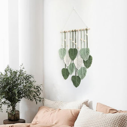 Avoik Macrame Wall Hanging Boho Woven Tapestry Handmade Home Wall Decor Bohemian Leaf Modern Chic Wall Art Green Feather Decorations for Living Room Bedroom Apartment Nursery Farmhouse Backdrop