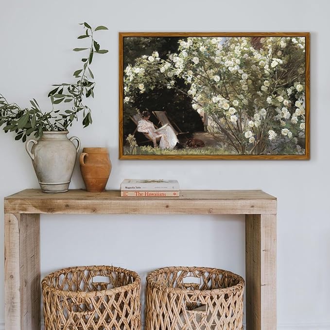 crmotu Vintage Framed Wall Art, Garden Women Canvas Art Prints, Rose Floral Classical Oil Paintings, Green Landscape Rustic Farmhouse Wall Decor Living Room Bedroom Bathroom Aesthetic Pictures 20x30in