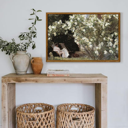 crmotu Framed Canvas Wall Art, Country Garden Landscape Large Artwork, Lady and Roses Vintage Art Prints, Retro Wall Paintings for Living Room Bedroom, Rustic Farmhouse Pictures 24x36in