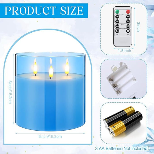 Retisee 6'' x 6'' Extra Large Flameless Candles, 3 Wick Glass Large Candles with Remote Control and Timer Function, Real Wax LED Pillar Flickering for St. Patrick's Spring Party Decor(Blue,1 Pcs)