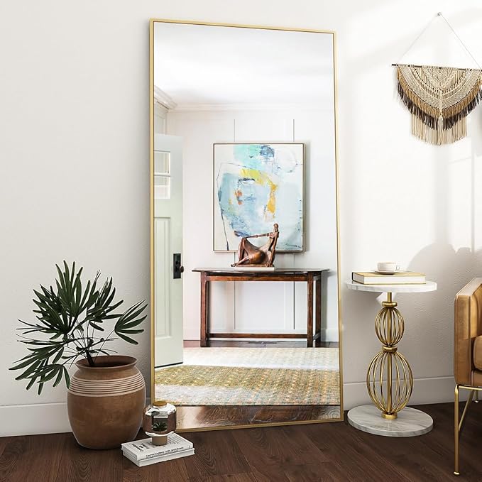 VooBang Full Length Mirror, 71" x 26" Floor Mirror with Stand, Aluminum Alloy Frame Full Body Mirror, Standing Hanging or Leaning Against The Wall for Bedroom Living Room, Gold