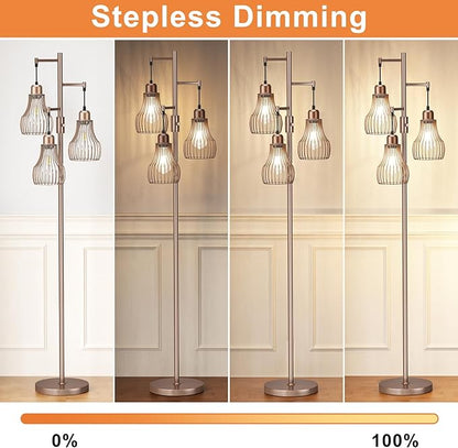 Ziisee Dimmable Floor Lamps for Living Room, Industrial Tree Standing Tall Lamps with 3 Elegant Cage Shade & 800 Lumens LED Bulbs for Bedroom Office - Brown