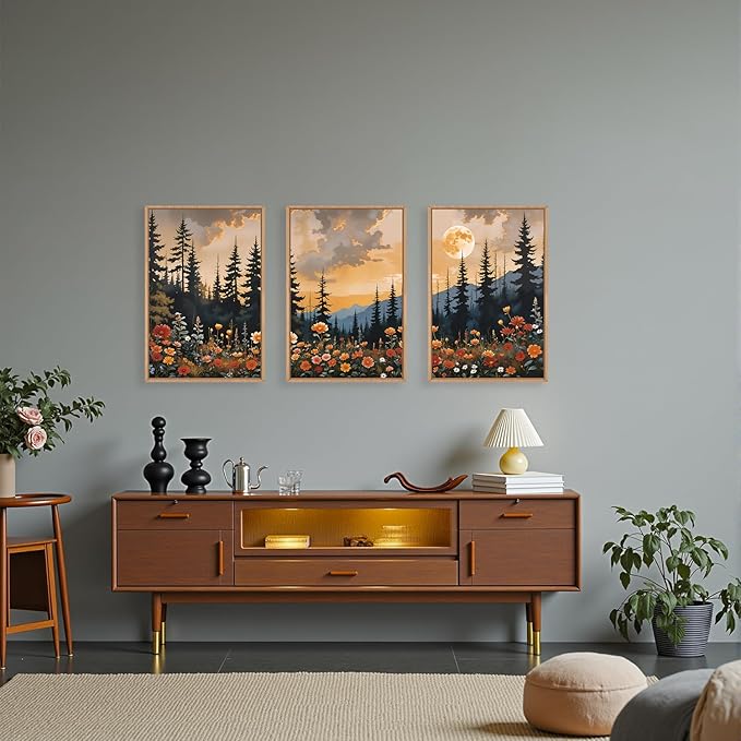 KAIRNE Mountain Wildflower Landscape Framed Canvas Wall Art Set,Vintage Moon Pine Tree Wall Decor,Rustic Forest Art Prints,Retro Scenery Artwork for Living Room,Bedroom,Farmhouse,Office-16 x24 x3