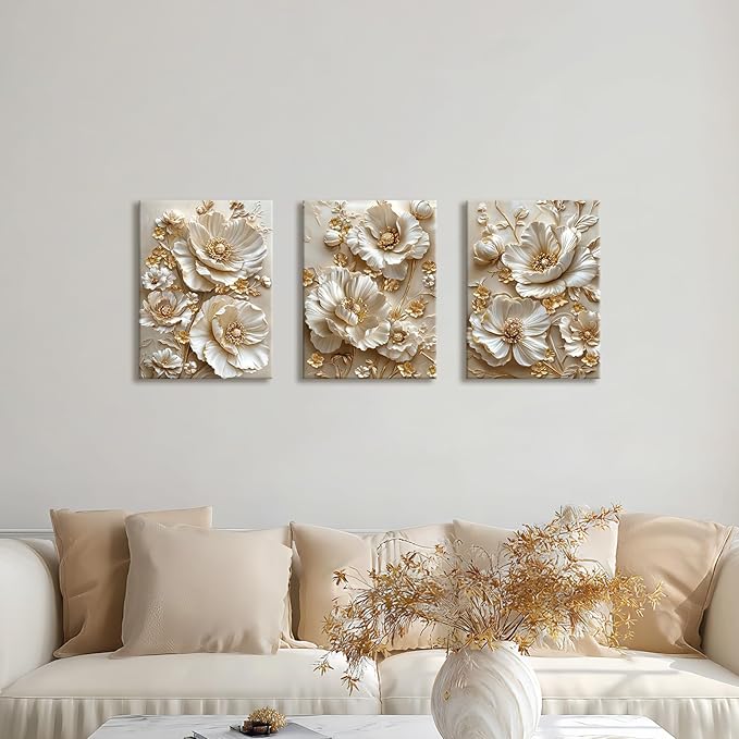 3 Pcs Modern Beige Gold Peony Floral Canvas Wall Art, Neutral Elegant 3d Beige Flowers Wall Painting White Blooming Floral Pictures Posters Art Print Home Decor for Bedroom Living Room Office 12"x16"x3