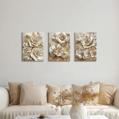 3 Pcs Modern Beige Gold Peony Floral Canvas Wall Art, Neutral Elegant 3d Beige Flowers Wall Painting White Blooming Floral Pictures Posters Art Print Home Decor for Bedroom Living Room Office 12"x16"x3