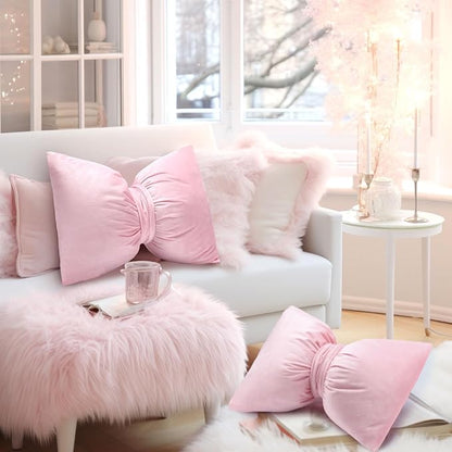 Beeveer Pink 2 Pcs Bow Pillow 12 x 18 Inch Coquette Throw Pillows Large Bow Shaped Velvet Cushion Coquette Decorative for Girls Room Bed Sofa Couch Car Decorations