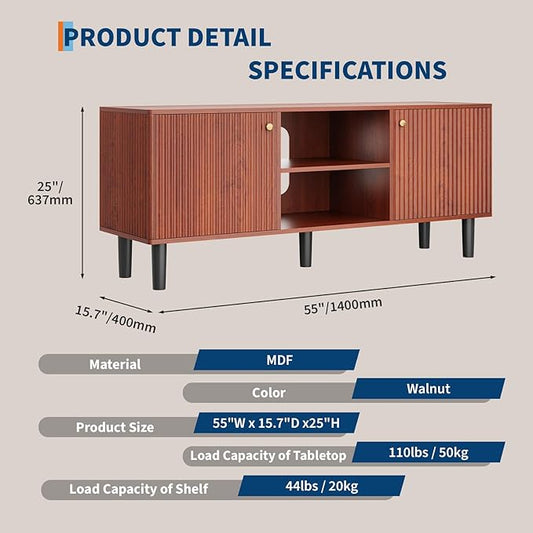 TV Stand for Living Room, Modern Entertainment Center Up to 65" TV,Television Console Table with Storage Cabinets,Walnut