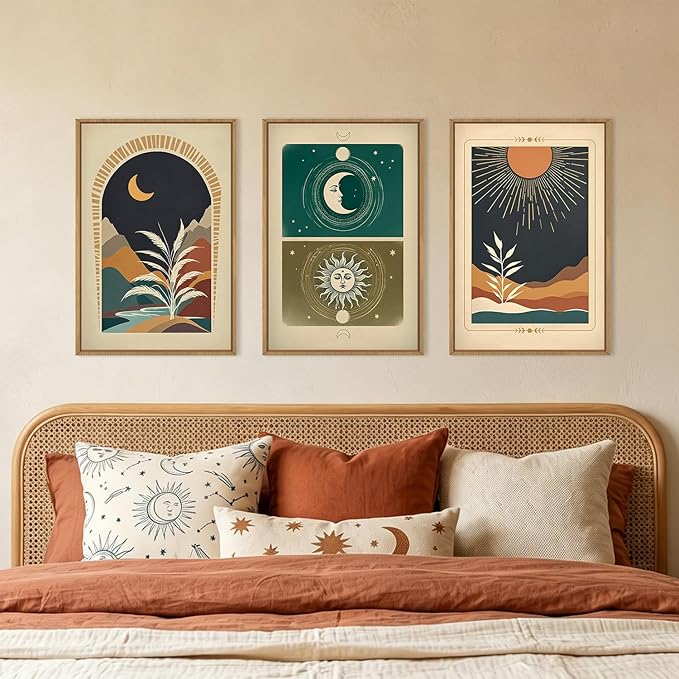 KAIRNE Moody Sun and Moon Framed Canvas Wall Art Set,Boho Desert Botanical Wall Decor,Abstract Vintage Black Art Prints,Retro Southwestern Artwork for Living Room,Bedroom,Farmhouse,Office-16 x24 x3