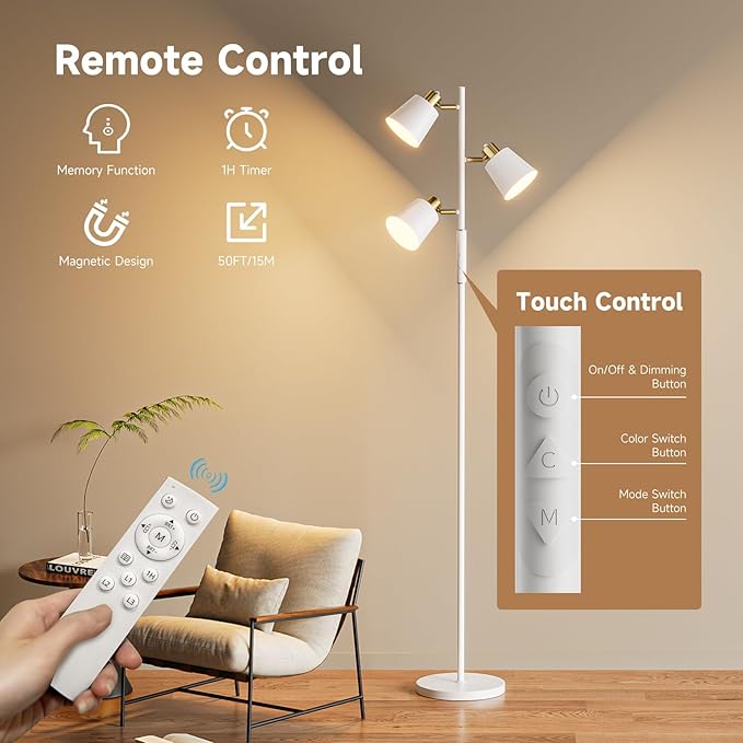 LED Tree Floor Lamp, 2500LM Super Bright Tall Standing Lamp with Remote & Touch Control, 4 Color Temperatures, 3 Rotatable Lights, Modern Dimmable Floor Lamps for Living Room Bedroom Office