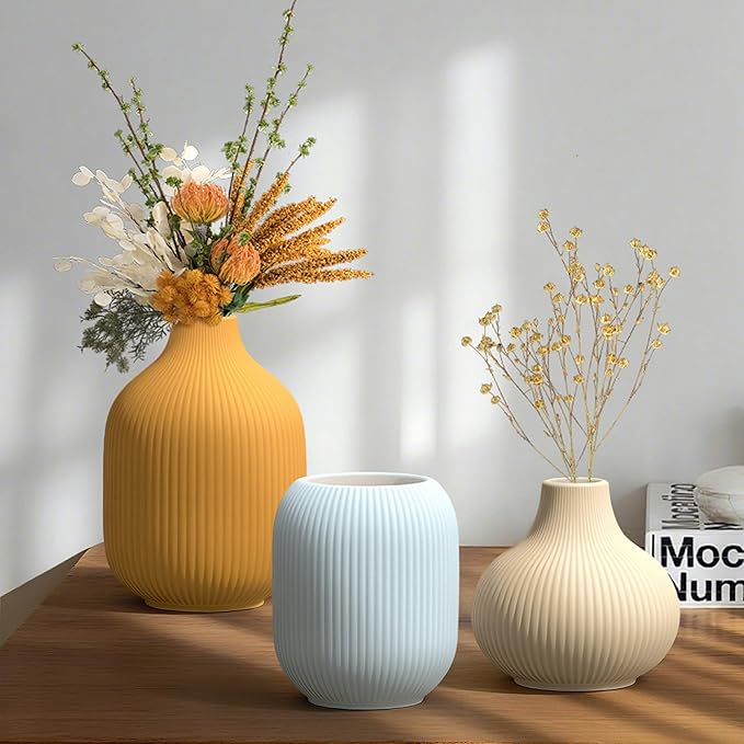 Colorful Small Ceramic Vases Set of 3, Matte Vertical Ribbed, Minimalist for Pampas Dried & Fresh Flowers, Centerpiece for Living Room,Shelf, Wedding (Light Blue, Mustard Yellow, Beige)